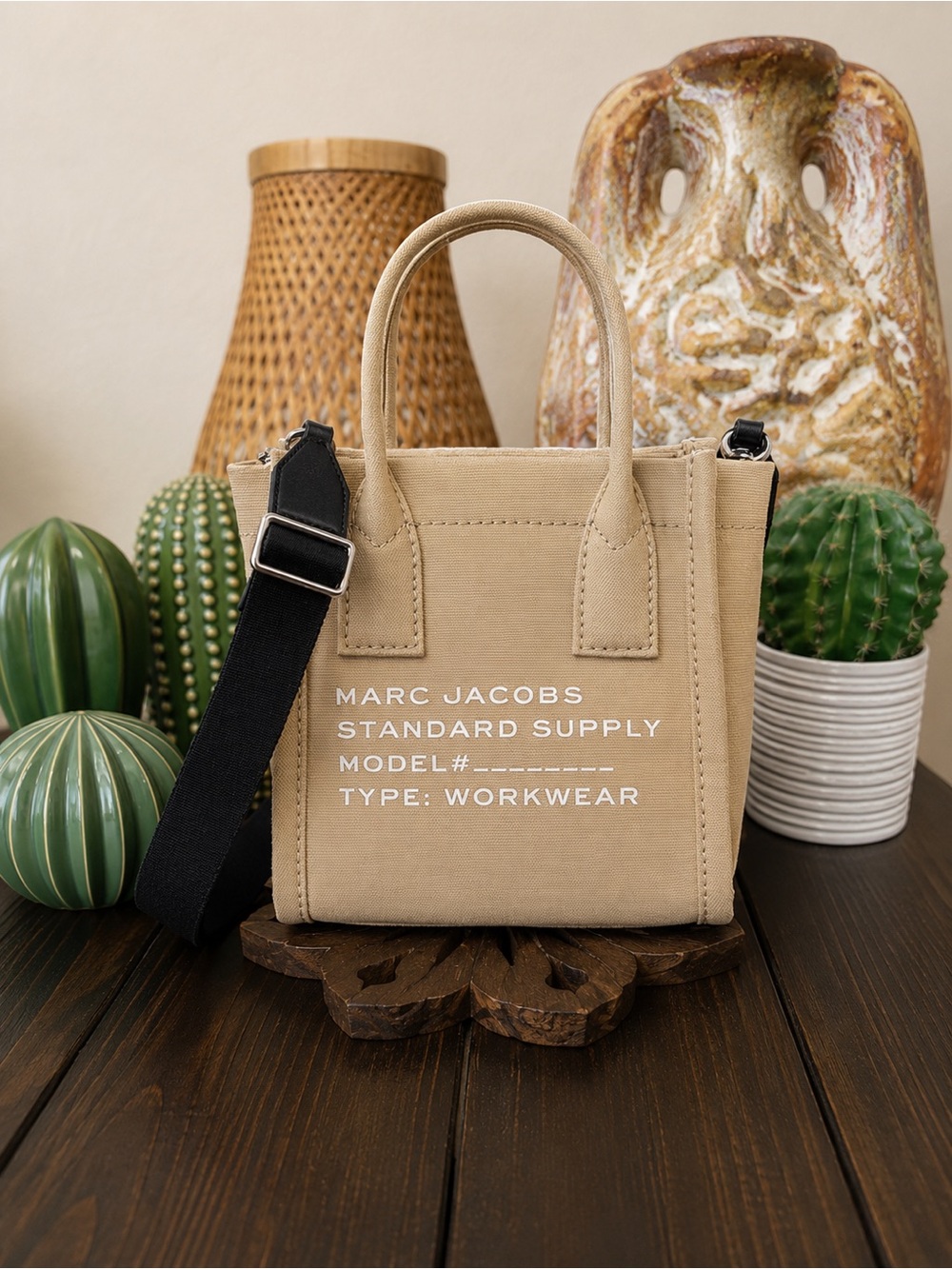 Marc Jacobs Mini Tote Bag Beige Canvas Black Strap NWT